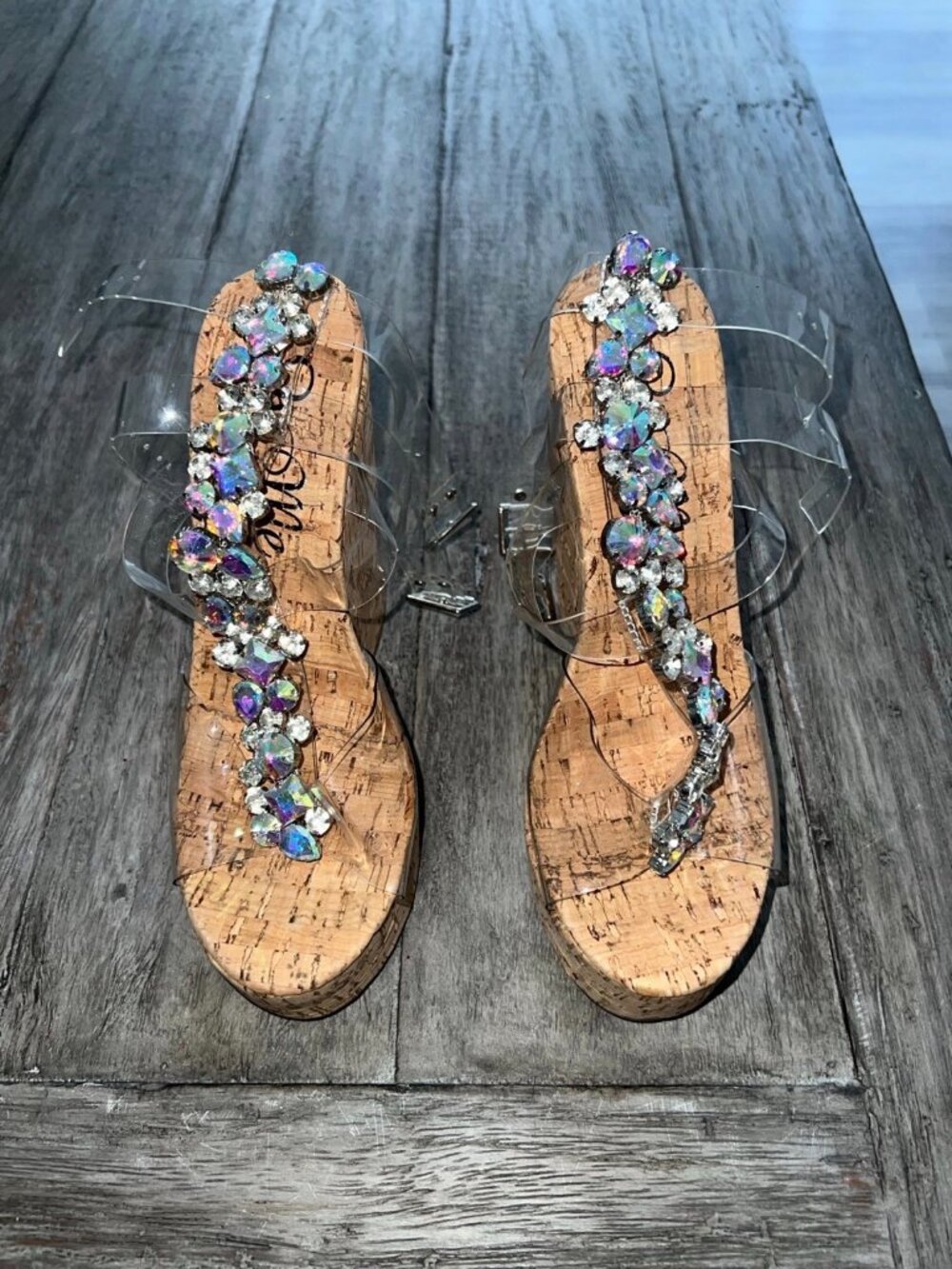 Binky AB Rhinestone Clear Cork Platform Wedge Sandals | Size 5.5